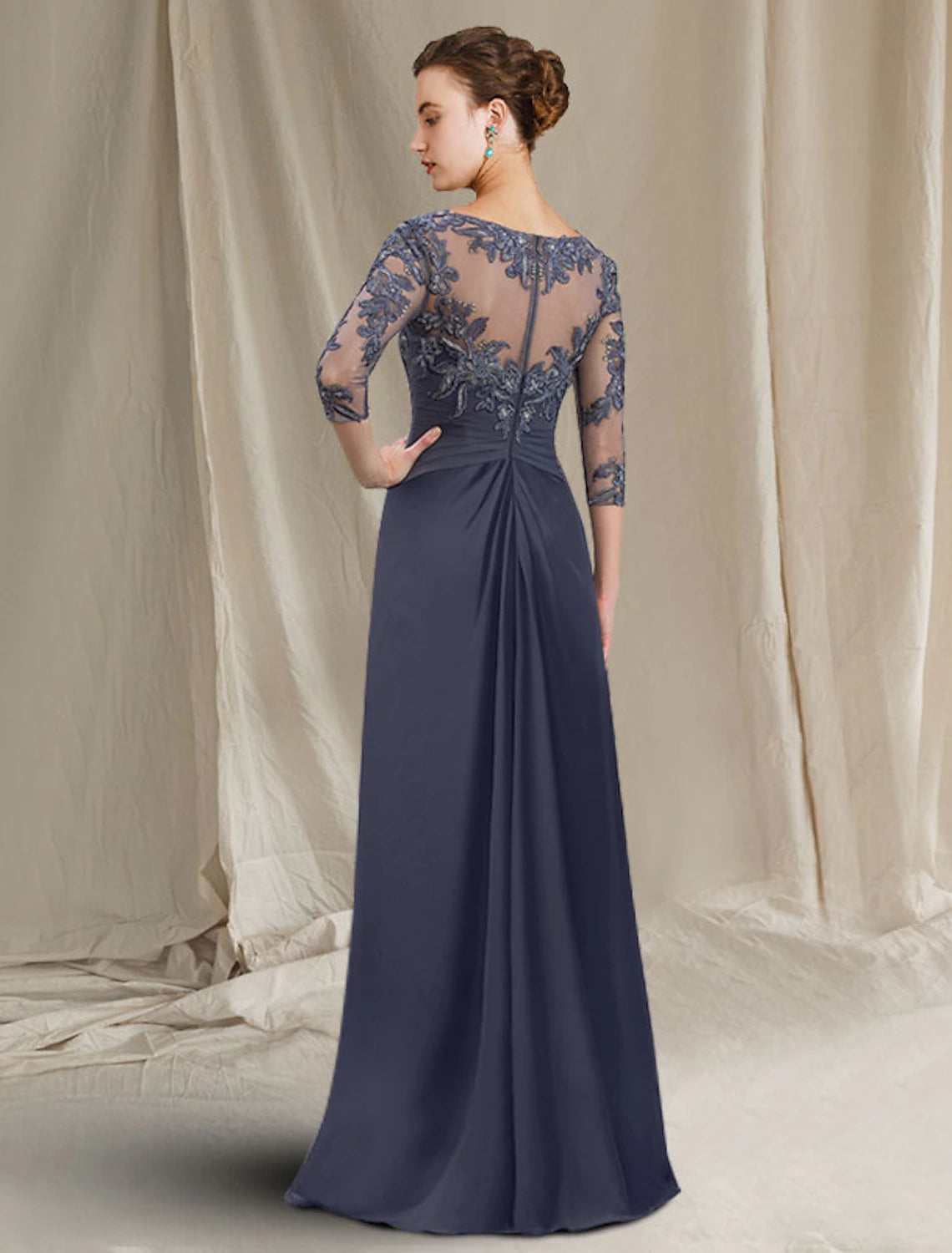 Wholesale  Sheath / Column Mother of the Bride Dress Elegant Jewel Neck Floor Length Chiffon Lace 3/4 Length Sleeve with Appliques